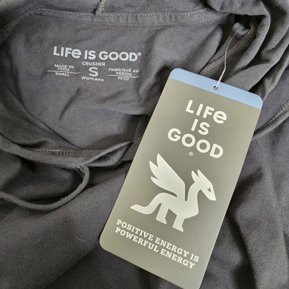 Life Is Good Dark Charcoal Gray Boxy Hoodie Tee Tiger Crush Strike Graphic Small - Picture 6 of 8